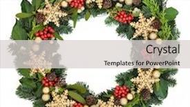  Presentation with holly - Theme enhanced with christmas wreath with gold snowflake and bauble decorations holly ivy mistletoe and winter greenery over white background background and a light gray colored foreground