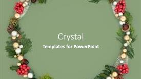  Presentation with gold silver - Presentation design consisting of christmas wreath with gold and silver baubles with a variety of winter flora and fauna on green background with copy space background and a seafoam green colored foreground