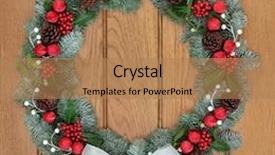  Presentation with christmas holly - Amazing PPT layouts having christmas wreath with white bow red bauble decorations holly pine cones mistletoe and snow covered blue spruce fir over oak wood front door background backdrop and a coral colored foreground