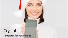  Presentation with gadget - Colorful PPT theme enhanced with christmas x-mas electronics gadget concept - smiling woman in santa helper hat with blank screen smartphone backdrop and a lemonade colored foreground