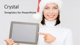  Presentation with gadget - Slide deck with christmas x-mas electronics gadget concept - smiling woman in santa helper hat with blank screen tablet pc background and a white colored foreground