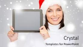  Presentation with gadget - PPT theme consisting of christmas x-mas electronics gadget concept - smiling woman in santa helper hat with blank screen tablet pc background and a sky blue colored foreground