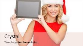  Presentation with gadget - PPT theme having christmas x-mas electronics gadget concept - smiling woman in santa helper hat with blank screen tablet pc background and a lemonade colored foreground