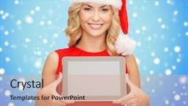  Presentation with gadget - Beautiful slide set featuring christmas x-mas electronics gadget concept - smiling woman in santa helper hat with blank screen tablet pc backdrop and a coral colored foreground