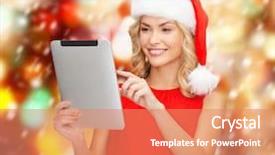  Presentation with gadget - Cool new slides with christmas x-mas electronics gadget concept - smiling woman in santa helper hat with tablet pc backdrop and a coral colored foreground