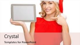  Presentation with gadget - Presentation design enhanced with christmas x-mas electronics gadget concept - smiling woman in santa helper hat with blank screen tablet pc background and a lemonade colored foreground