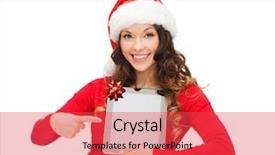  Presentation with gadget - Presentation design enhanced with christmas x-mas electronics gadget concept - smiling woman in santa helper hat with blank screen tablet pc background and a red colored foreground
