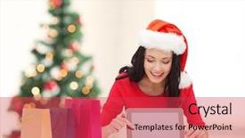  Presentation with gadget - Slide set featuring christmas x-mas electronics gadget concept - smiling woman in santa helper hat with blank screen tablet pc and shopping bags background and a red colored foreground