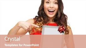 Presentation with gadget - PPT theme with christmas x-mas electronics gadget concept - smiling woman in red dress with blank screen tablet pc background and a coral colored foreground