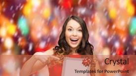  Presentation with christmas red - Audience pleasing PPT theme consisting of christmas x-mas electronics gadget concept - smiling woman in red dress with blank screen tablet pc backdrop and a red colored foreground
