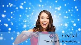  Presentation with gadget - Audience pleasing slide set consisting of christmas x-mas electronics gadget concept - smiling woman in red dress with blank screen tablet pc backdrop and a light blue colored foreground