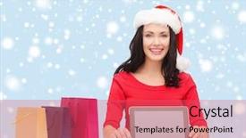  Presentation with gadget - Beautiful slide set featuring christmas x-mas electronics gadget concept - smiling woman in santa helper hat with blank screen tablet pc backdrop and a red colored foreground