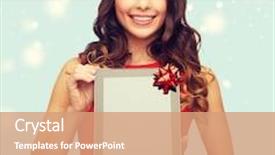  Presentation with gadget - Presentation design featuring christmas x-mas electronics gadget concept - smiling woman with blank screen tablet pc background and a coral colored foreground