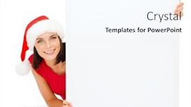  Presentation with christmas sale - Slide deck featuring christmas x-mas people advertisement sale concept - happy woman in santa helper hat with blank white board background and a cool aqua colored foreground