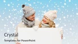  Presentation with christmas sale - Slides enhanced with christmas x-mas people advertisement couple sale concept - happy woman and man in winter clothes with blank white board background and a white colored foreground