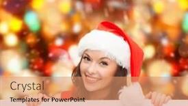  Presentation with christmas sale - Presentation theme enhanced with christmas x-mas people advertisement and sale concept - happy woman in santa helper hat with blank white board over red lights background background and a coral colored foreground