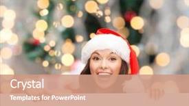  Presentation with christmas sale - Theme featuring christmas x-mas people advertisement and sale concept - happy woman in santa helper hat with blank white board over tree lights background background and a coral colored foreground
