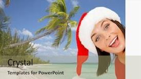  Presentation with tropical christmas - Colorful slides enhanced with christmas x-mas people advertisement and sale concept - happy woman in santa helper hat with blank white board over tropical beach background backdrop and a coral colored foreground
