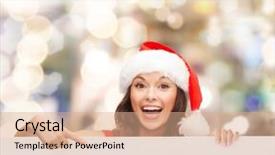  Presentation with christmas sale - Slide set consisting of christmas x-mas people advertisement and sale concept - happy woman in santa helper hat with blank white board over lights background background and a coral colored foreground