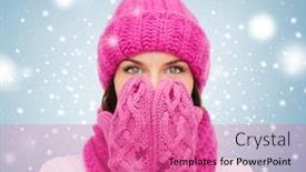  Presentation with happiness - Beautiful presentation design featuring christmas x-mas winter happiness concept - surprised woman in hat muffler and mittens backdrop and a coral colored foreground