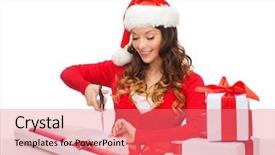  Presentation with happiness - PPT theme consisting of christmas x-mas winter happiness concept - smiling woman in santa helper hat with gift box background and a coral colored foreground