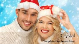  Presentation with winter family - Audience pleasing PPT layouts consisting of christmas x-mas winter happiness concept - family couple in sweaters and santa's hats backdrop and a coral colored foreground