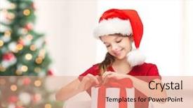  Presentation with girl christmas - Presentation design having christmas x-mas winter happiness concept - smiling girl in santa helper hat with gift box and wrapping paper background and a coral colored foreground