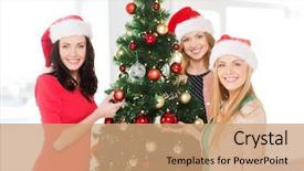  Presentation with happiness - Beautiful PPT layouts featuring christmas x-mas winter happiness concept - three smiling women in santa helper hats decorating a christmas tree backdrop and a coral colored foreground