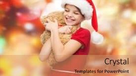  Presentation with christmas girl - Slide deck featuring christmas x-mas winter happiness concept - smiling girl in santa helper hat with teddy bear background and a coral colored foreground