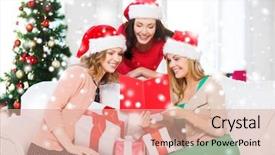  Presentation with christmas card - Slide set with christmas x-mas winter happiness concept - three smiling women in santa helper hats with card and many gift boxes background and a coral colored foreground