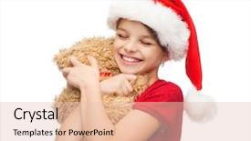  Presentation with girl christmas - Beautiful presentation theme featuring christmas x-mas winter happiness concept - smiling girl in santa helper hat with teddy bear backdrop and a lemonade colored foreground