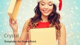  Presentation with happiness - PPT layouts featuring christmas x-mas winter happiness concept - smiling woman in santa helper hat with gift box background and a blonde colored foreground