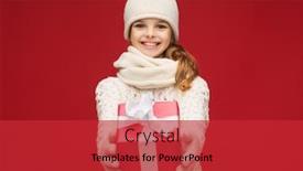 Presentation with christmas girl - Presentation theme with christmas xmas winter and happiness concept - smiling girl in hat muffler and gloves with gift box background and a red colored foreground
