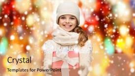  Presentation with girl christmas - Slides enhanced with christmas xmas winter happiness concept - smiling girl in hat muffler and gloves with gift box background and a coral colored foreground