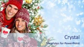  Presentation with hot tea - Beautiful slide deck featuring christmastree - happy couple drinking hot tea backdrop and a sky blue colored foreground