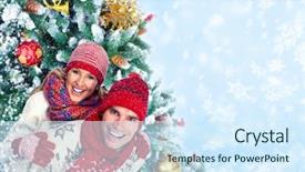  Presentation with snow blizzard in winter - Beautiful slides featuring christmastree - happy couple in winter clothing backdrop and a  colored foreground