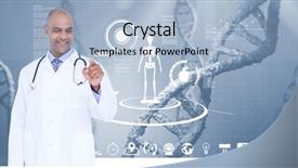  Presentation with concept of biochemistry dna - Colorful theme enhanced with chromosones - smiling male doctor touching invisible backdrop and a  colored foreground