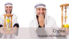  Presentation with glass - Slide deck featuring chronometer - arab man with hour-glass isolated background and a light gray colored foreground