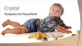  Presentation with lays - Cool new theme with chubby baby boy looking up over his shoulder as he lays in his surfing shirt and shorts among sea shells and a star fish isolated on white backdrop and a white colored foreground