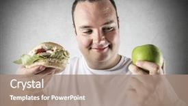  Presentation with eat - Theme enhanced with chubby man deciding whether to eat an apple or a hamburger background and a coral colored foreground