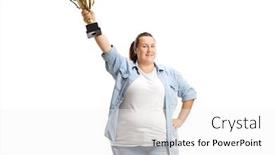  Presentation with gold trophy - PPT theme consisting of chubby-woman-holding-a-gold background and a white colored foreground