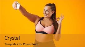  Presentation with happy smiling woman dental health - Audience pleasing presentation design consisting of chubby woman in sportive bra backdrop and a gold colored foreground