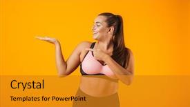  Presentation with metabolism fitness - PPT theme featuring chubby woman in sportive bra background and a gold colored foreground
