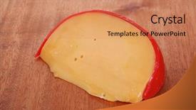  Presentation with cheddar - Slide deck with chunk of aged french cheddar cheese in hard red shell on wooden table background and a coral colored foreground