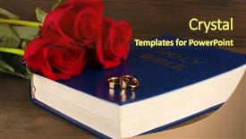  Presentation with wedding roses - PPT theme consisting of church anniversary - wedding rings on bible background and a tawny brown colored foreground
