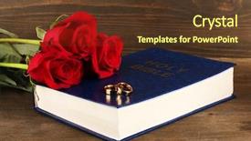  Presentation with wedding roses - PPT theme having church anniversary - wedding rings on bible background and a tawny brown colored foreground