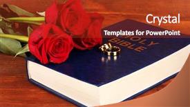  Presentation with wedding roses - Audience pleasing PPT layouts consisting of church anniversary - wedding rings on bible backdrop and a tawny brown colored foreground