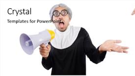  Presentation with nun - Presentation design having church announcements - funny male nun with megaphone background and a lemonade colored foreground