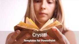  Presentation with old book - PPT theme consisting of church bible study - young woman with old book background and a tawny brown colored foreground