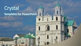  Presentation with main engine - PPT theme with church bishop - cathedral on main city square background and a ocean colored foreground